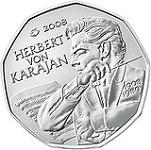 5 евро Австрия 2008 год 100 лет со дня рождения Герберта фон Караяна