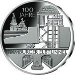 10 евро Германия 2011 год 100 лет туннелю под Эльбой в Гамбурге