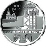 10 евро Германия 2011 год 100 лет туннелю под Эльбой в Гамбурге